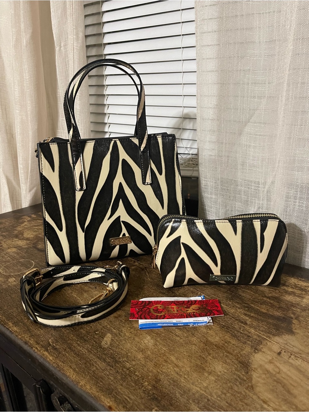 Carlos Santana Zebra-Print Tote & Pouch - Black & Cream